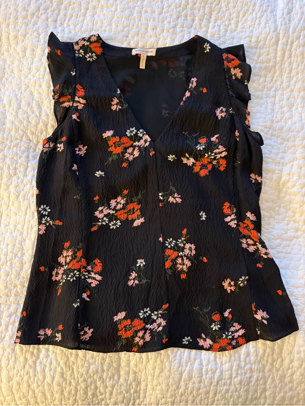 Rebecca Taylor Silk Black Floral V-Neck Flutter Sleeve Top